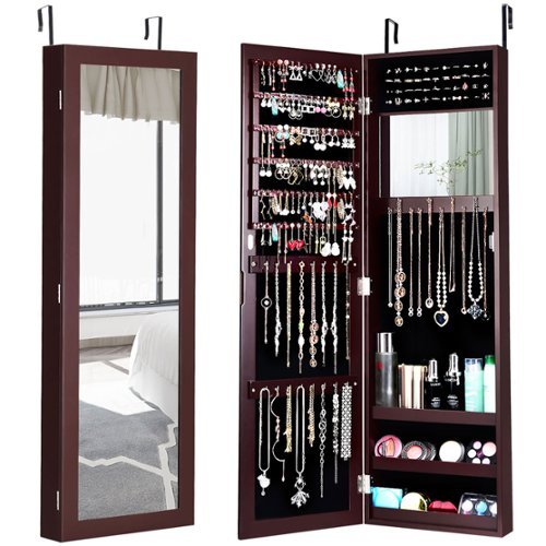 Costway Wall Door Mounted Mirrored Jewelry Cabinet Storage Organizer - Brown