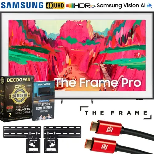 SAMSUNG 4K UHD HDR10+ Samsung Vision AI

The Frame Pro

DECOCGEAR C+ BUNDLE
26 MONTH PROTECTION
EXCLUSIVE DECOGEAR HDMI CABLES
TELEVISION HOME THEATER ESSENTIALS

The Frame Pro

DECOCGEAR
BEGINNER'S GUIDE
TELEVISION HOME THEATER ESSENTIALS

2 HDMI CABLES

The Frame
