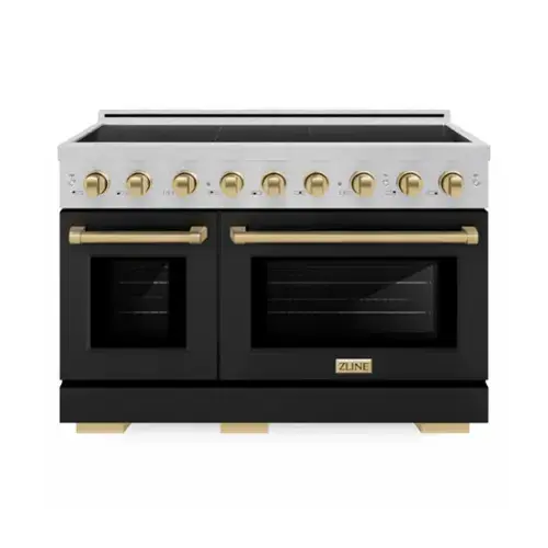 Front. ZLINE - Autograph 48 in. 6.7 cu. ft. Paramount Freestanding Induction Range in Satin Steel with Black Doors and Bronze Accents - Matte Black.