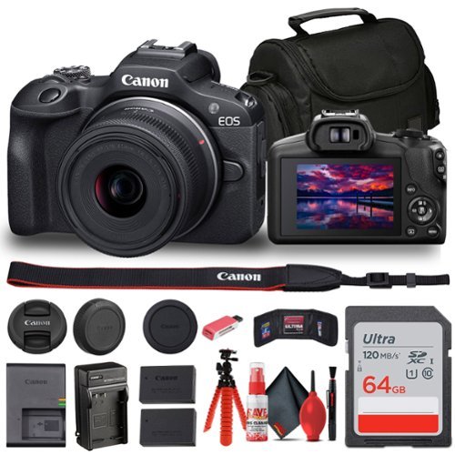 Bundle - Canon - EOS R100 Mirrorless Camera with 18-45mm Lens + Bag + 64GB Card + LPE17 Battery + More - Black W/ Lens Bundle-Front_Standard 
