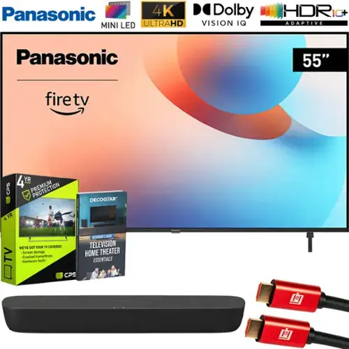 Panasonic 4K Mini LED UltraHD TV with Dolby Vision IQ and HDR10+ Adaptive. 55" Fire TV. Includes 4-year Premium Protection for screen damage, cracked frames, drops, and hardware faults. Decogar's "Television Home Theater Essentials" guide.