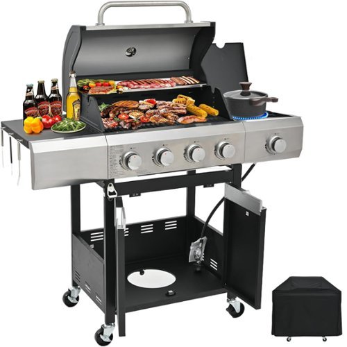 Chateau Abodes - 4-Burner Propane Gas Grill with Side Burner & Cover, 51,000 BTU, Stainless Steel for Outdoor BBQ, Camping, Backyard - Black, Sliver-Front_Standard 