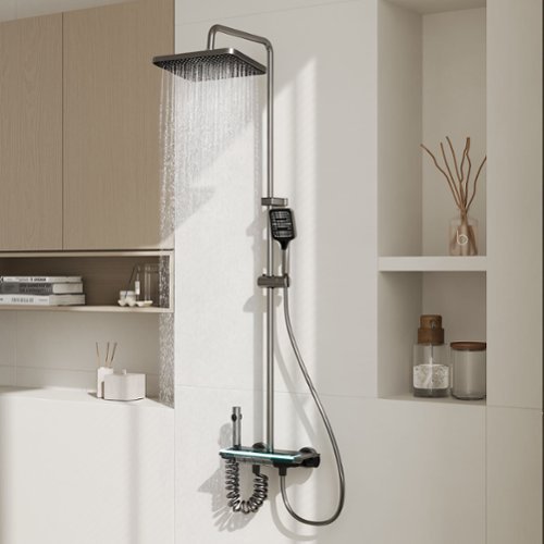 Famapy - Thermostatic Shower System with LED Temperature Display, 4-Mode Piano Button Rainfall Shower Combo - Gunmetal Gray-Front_Standard 