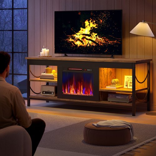 Pinmoco - 55 Inch Electric Fireplace TV Stand Fits TVs up to 65 Inch Gaming TV Console with Open Storage Shelves - Rustic Brown-Front_Standard 