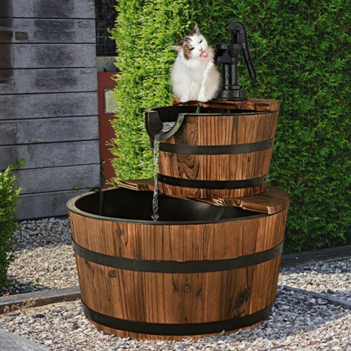 Costway 2 Tier Barrel Waterfall Fountain Barrel Wooden Water Fountain Pump Outdoor Garde - Brown WHERE TO BUY