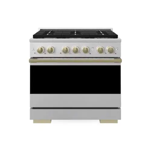 Front. ZLINE - Autograph 36 in. 5.2 cu. ft. Marino Dual Fuel Freestanding Range with 6 Gas Burners in Satin Steel with Bronze Accents - Satin Stainless Steel.