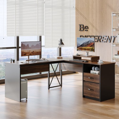 Bestier L-Shaped Gaming Desk with Drawers and Monitor Stand - 55.7" wide - Brown