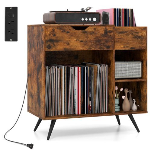 Costway - Record Player Stand with Power Outlet, Drawer, Removable Divider Industrial Turntable Display Stand - Brown-Front_Standard 