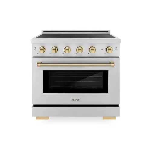 Front. ZLINE - Autograph 36 in. 5.2 cu. ft. Paramount Freestanding Induction Range with 5 Burners and Polished Gold Helix Handle - Stainless Steel.