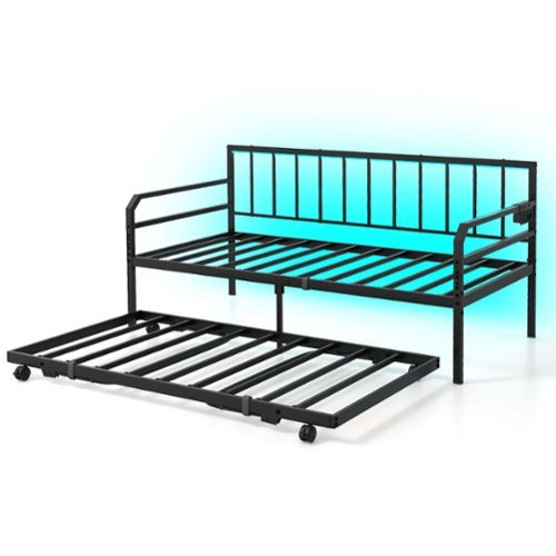 Costway - Twin Size Daybed with Pop-up Trundle Charging Station & LED Lights for Living Room - Black-Front_Standard 