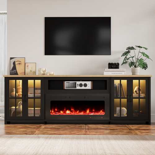 U-HOMY - 97" Fireplace TV Stand with 42" Electric Fireplace, Glass Door Media Console with LED Lights - Black-Front_Standard 