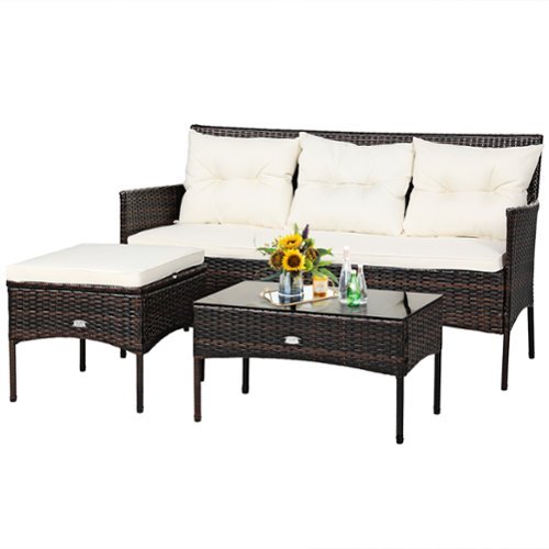 Costway - 3PCS Patio Rattan Furniture Set 3-Seat Sofa Cushioned Table Garden - Off White-Front_Standard 