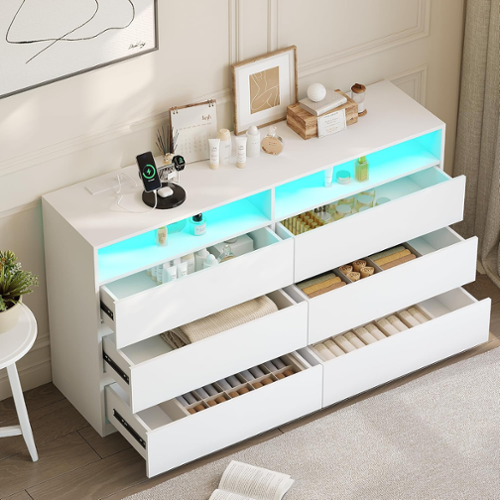 Vipbear - 6 Drawer Double Dresser with Power Outlet, Accent Chests of Drawers with LED Light, Storage, Charging Station - White-Front_Standard 