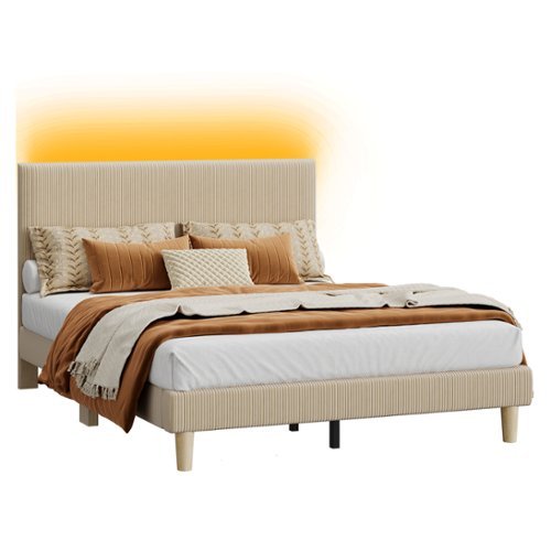 Bestier - Queen Size Upholstered Bed Frame with LED Lights, Adjustable Headboard - Taupe-Front_Standard 