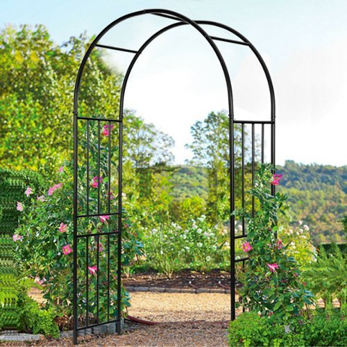 Gymax - 7.2Ft Garden Arch Steel Arbor Wedding Garden Decoration Climbing Plants w/Stakes - Black-Front_Standard 