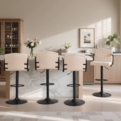 Vecelo - Set of 4 Swivel Bar Stools with Adjustable Height - Flocking Upholstered Counter Height Stools with Footrest - Beige-Front_Standard 