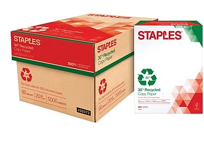 Staples - 30% Recycled 8.5" x 11" (US letter) Copy Paper, 20 lbs., 92 Brightness, 5000/Carton (112350/461757) - White