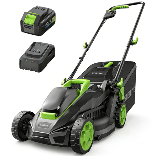 Steelite - 13in Electric Cordless Lawn Mower with Brushless Motor & 4.0Ah Battery & 8-Gallon Grass Bag - Green-Front_Standard 
