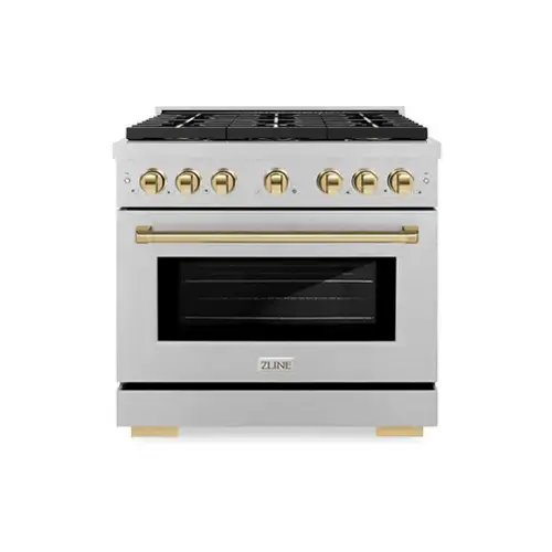 Front. ZLINE - ZLINE Autograph 36 in. 5.2 cu. ft. Freestanding Paramount Gas DuoPro Range in Satin Steel and Polished Gold Accents - Stainless Steel.