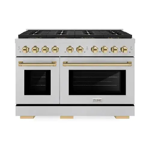 Front. ZLINE - ZLINE Autograph 48 in. 6.7 cu. ft. Freestanding Paramount Gas DuoPro Range in Satin Steel and Polished Gold Accents - Stainless Steel.