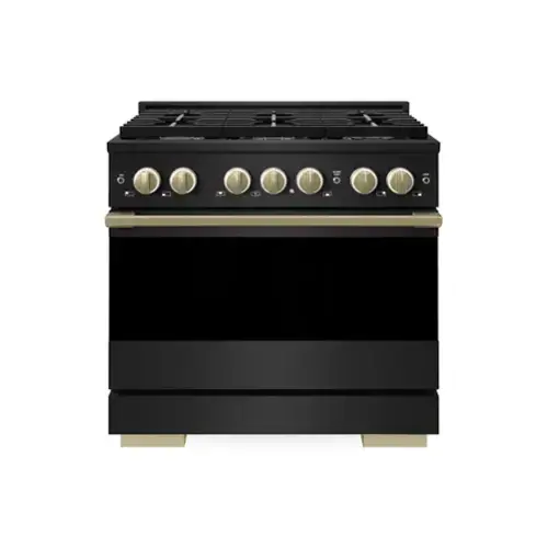 Front. ZLINE - Autograph 36 in. 5.2 cu. ft. Manual Clean Marino Freestanding Gas Range with 6 Burners and Bronze Accents - Black Stainless Steel.