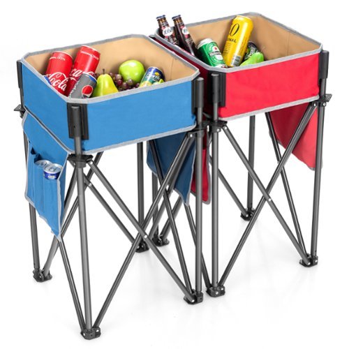 Costway 2 PCS Folding Camping Tables w/ Capacity Storage Sink for Picnic - Blue/Red