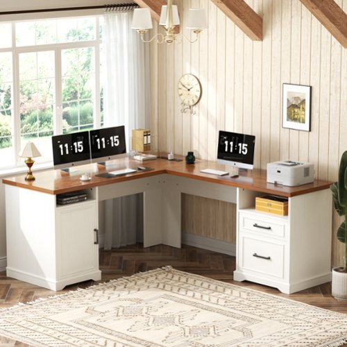 Aheaplus - L Shaped Desk with Charging Station, 60'' Computer Desk Workstation with File Cabinet and Drawers for Home & Office - White & Walnut-Front_Standard 