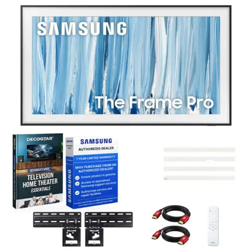 SAMSUNG  
The Frame Pro  

DECOGEAR  
SAMSUNG  
SAMSUNG AUTHORIZED DEALER  
1 YEAR LIMITED WARRANTY  

WHY PURCHASE FROM AN AUTHORIZED DEALER?  
- Ensure product is genuine  
- Access to specialized Samsung support services  
- Authorized service and repair facilities  
- Product warranty is NOT honored when purchased from an unauthorized seller  

BEGINNER'S GUIDE  
TELEVISION HOME THEATER ESSENTIALS