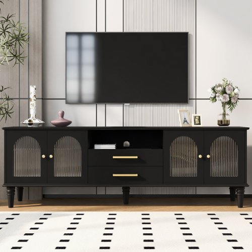 Bestier - 69" Retro TV Stand for TVs up to 75", Entertainment Center Console with Arched Glass Doors,2 Storage Drawers - Black-Front_Standard 