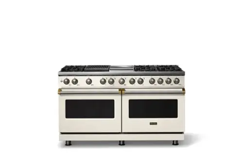 Front. Viking - 60 in. Wide 8 Burner Pro 5 Series 9.4 Cu. Ft. Freestanding Sealed Dual Fuel Convection Range with Brushed Brass Trim - Pure White.