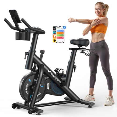 MERACH - S26 Exercise Bike Quiet Magnetic Home Stationary Bike with Free App, 300lbs Weight Capacity, Dumbbell Rack - Black-Front_Standard 