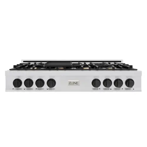 Front. ZLINE - ZLINE Autograph 48 in. Slide-In Classic Rangetop w/ 8 Burners in Stainless Steel & Matte Black Accents - Stainless Steel.