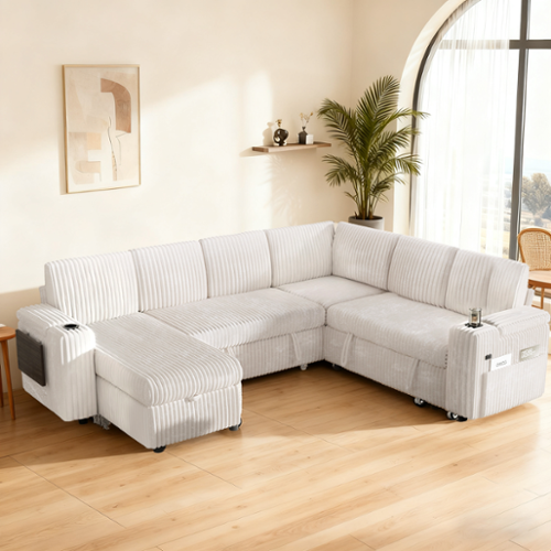 Dyonery - 110" Modular Sectional Sofa with Pull Out Bed,Corduroy Fabric 7 Seat Sectional Sofa with Storage,for Living Room - Beige-Front_Standard 