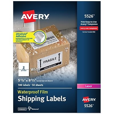 Avery - Waterproof Laser Shipping Labels, 5-1/2" x 8-1/2", Matte 100 Labels/Box (5526) - White