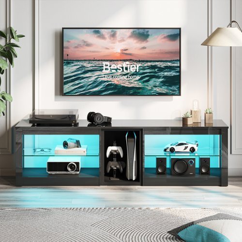 Bestier - Modern 70" TV Stand with Built-in Power - Gaming Entertainment Center with LED Lights & Glass Shelves - Bright Black-Angle_Standard 