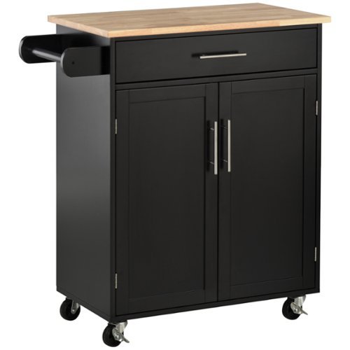 Homcom - Kitchen Island Cart Rolling Trolley Cart with Drawer, Storage Cabinet & Towel Rack - Black-Front_Standard 