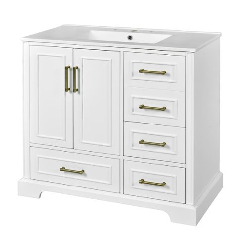 Glintex - 36 Inch Traditional Bathroom Vanity with Ceramic Sink, 2 Doors & 4 Drawers - White-Front_Standard 