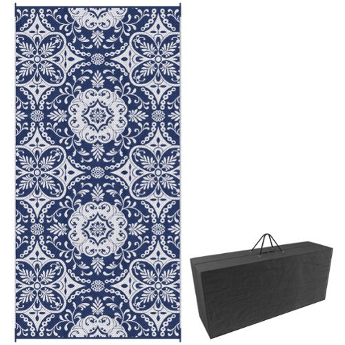 Outsunny - Outdoor Rug for Patio, 9' x 18' Waterproof Large Mat, Reversible Plastic Straw Rug for Décor - Blue and White Floral-Front_Standard 