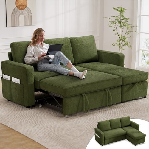 Dyonery - 81" Sleeper Sofa Bed, 2 in 1 Pull Out Couch with Reversible Storage Chaise, Green - Green-Front_Standard 