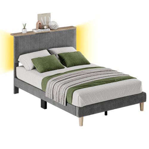 Bestier - Bed Frame Upholstered Platform Gaming Bed with LED Light & Adjustable Storage Headboard for Bedroom - Gray-Front_Standard 