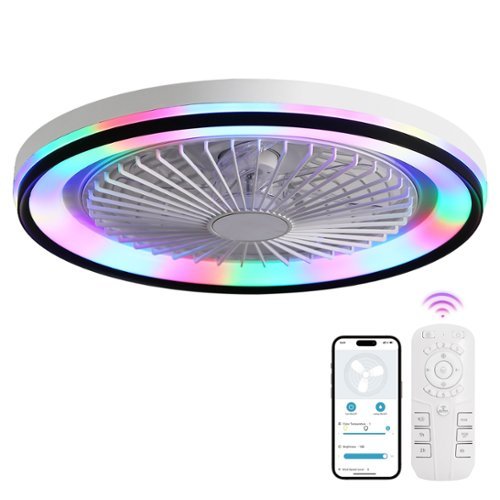 Sofucor - Modern Flush Mount Ceiling Fan 19" Dimmable LED Enclosed Ceiling Fans Bladeless RGB Ambient Light for Bedroom Kids Party - White-Front_Standard 
