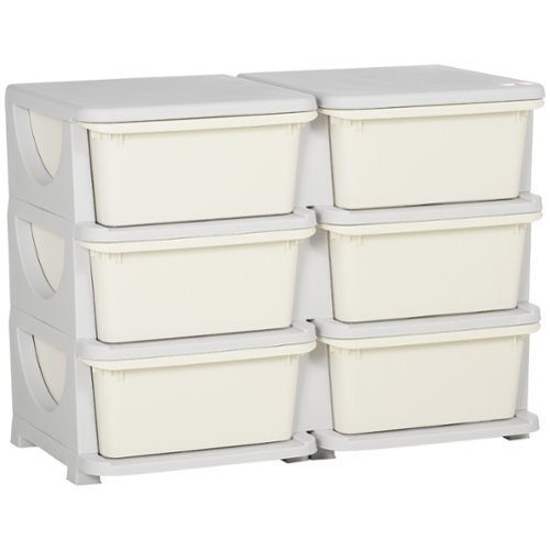 Qaba - 3 Tier Kids Storage Unit, 6 Drawer Chest Toy Organizer, Plastic Bins, Bedroom, Nursery, Living Room, Toddlers - Cream White-Front_Standard 