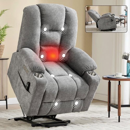 Kadyn - Power Lift Recliner Chair, Massage & Heat, Dual USB Ports, Cup Holders, 155° Recline, Light - Gray-Front_Standard 