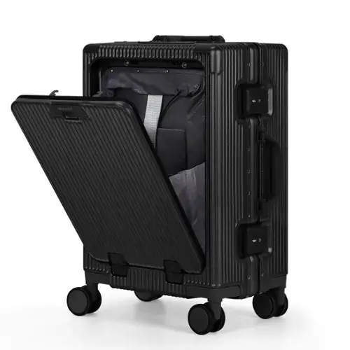 Front. Oumilen - 20 Inch Front Opening Aluminum Frame Carry On Luggage – ABS+PC Hard Shell with TSA Lock, USB Port, Cup Holder, Black - Black.