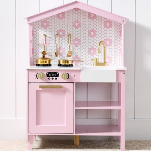 Best Choice Products - Pretend Play Wooden Farmhouse Kitchen Set w/ Storage, Clicking Knobs, 5 Accessories - Rose-Front_Standard 