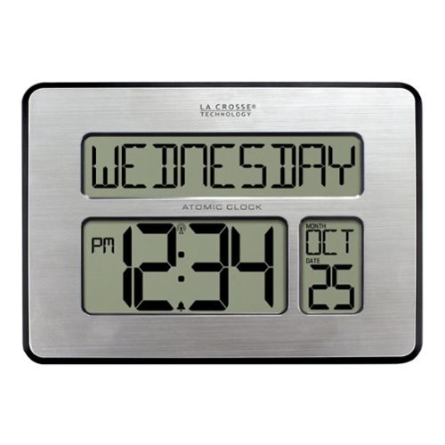 La Crosse Technology - Atomic Full Calendar Digital Clock with Extra Large Digits, Silver - Silver/Black-Front_Standard 