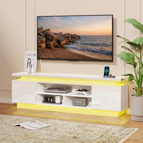 Skyzoo - TV Stand with LED Lights & Power Outlets for TVs up to 80", Modern Entertainment Center - White-Front_Standard 
