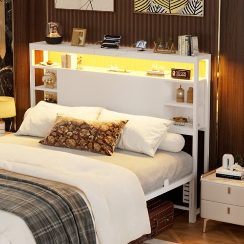 Aheaplus - Sturdy Full Headboard with Storage, USB/Outlets & Smart LED Light - White-Front_Standard 