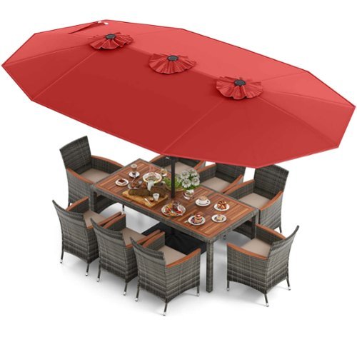 Costway 10 Pieces Patio Wicker Dining Set with Double-Sided Patio Umbrella 8 Armchairs - Red,Mix Brown