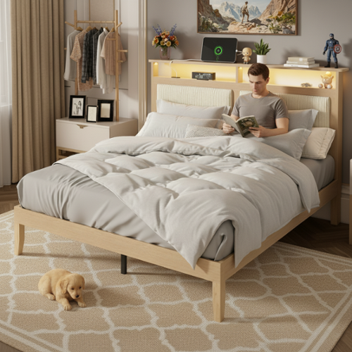Furnulem - Queen Bed Frame With Corduroy Upholstered Headboard Platform Bed Frame With LED Lights And Storage - Gold-Front_Standard 
